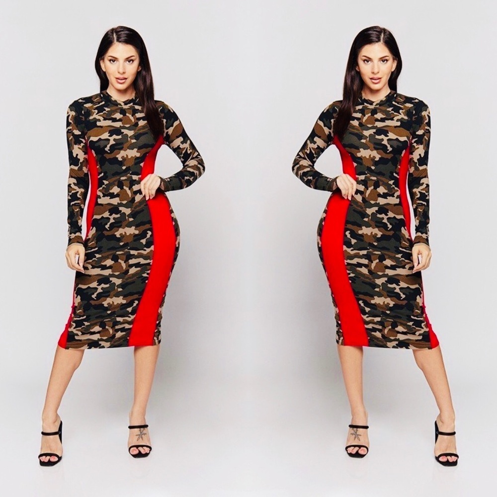 Army Camo Bodycon Fitted Long Sleeve Midi Dress